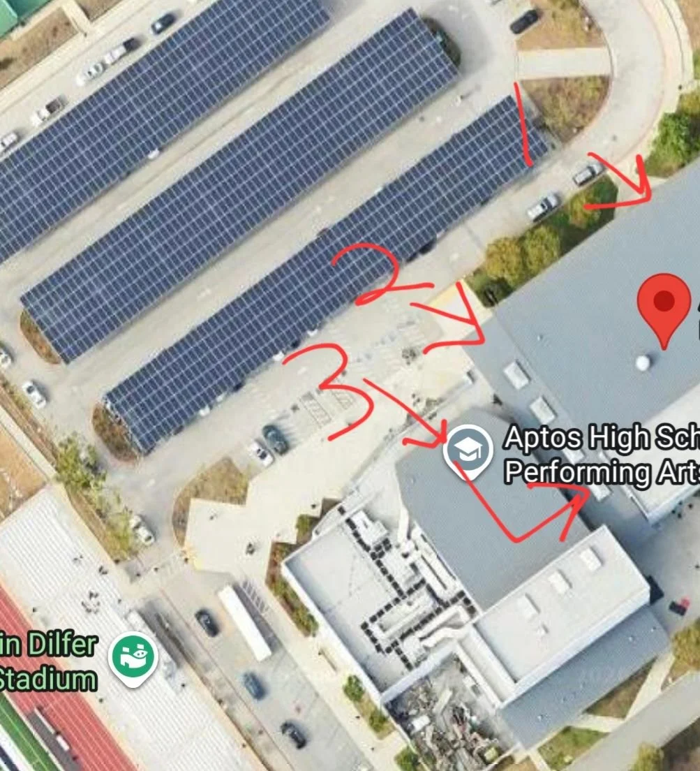 Close-up satellite map of the solar-panel carport lot beside the Main Gym. Red arrows numbered 1, 2 and 3 point from the lot to three doors along the side of the gym building that faces the lot.